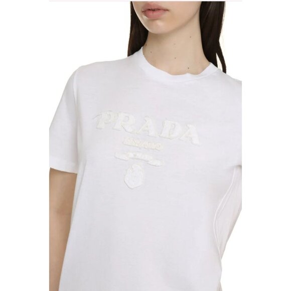 Prada Milano White Logo Embroidered Short Sleeve Designer Luxury Women's Size XL - Picture 5 of 14